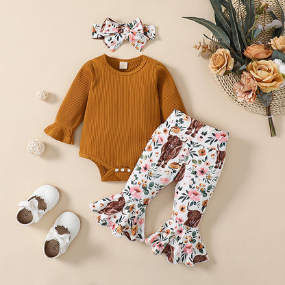 3-Piece Fall Outfits! Girl’s Long Sleeve Onesies, Pants, and Headband Sets