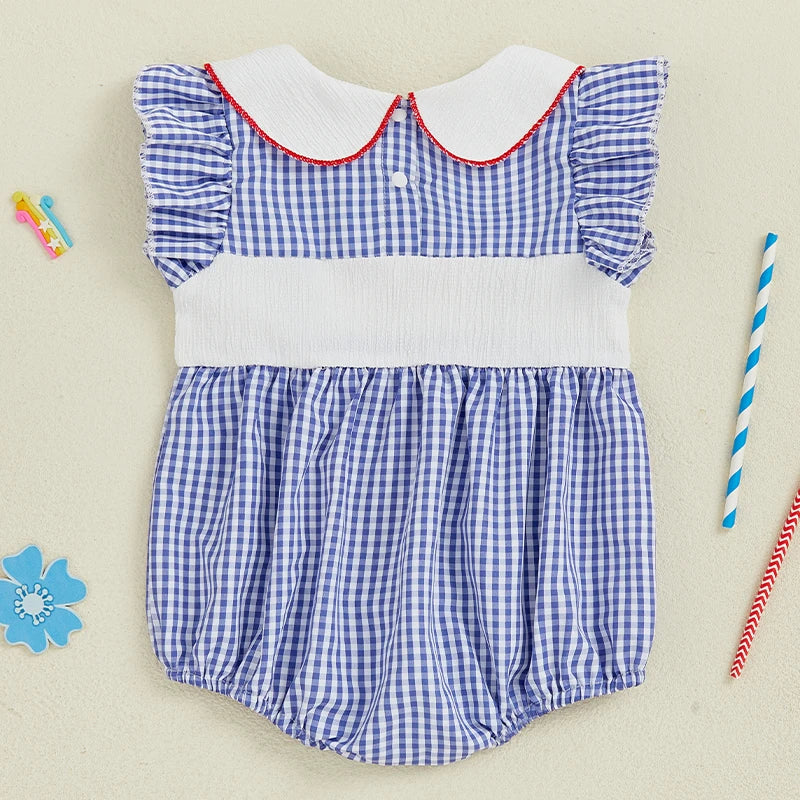 Girl's Embroidered 4th of July Plaid Doll Collar Rompers