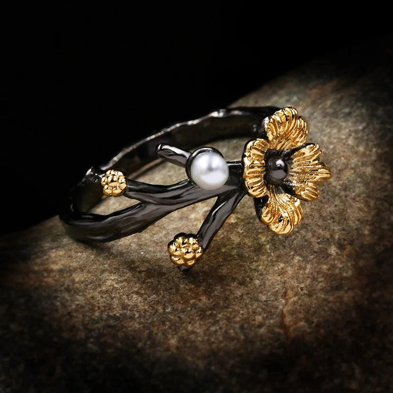 Silver Plated Delicate Daisy Flower Rings Black & Gold Style Pearl Branch Rings Flower