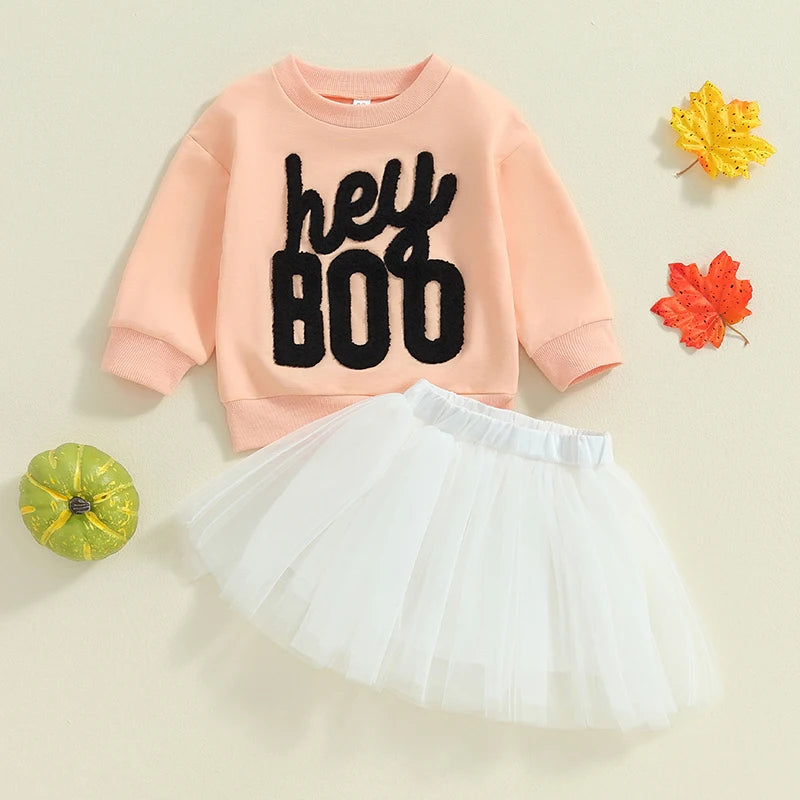 Girl's Halloween 2-Piece Embroidered "Hey Boo" Sweatshirt & Tulle Skirt Sets