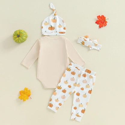 4-Piece Halloween Outfits! Girl’s Long Sleeve Pumpkin Onesie, Pants, Headband & Hat Sets