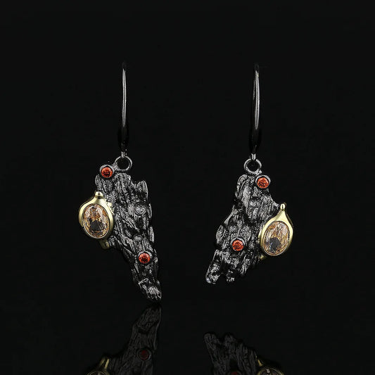 Amber Zircon Black & Gold Style Asymmetrical Drop Earrings