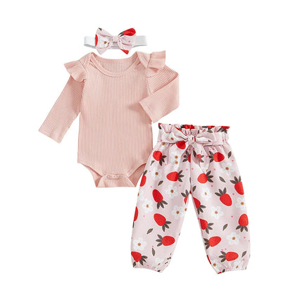 3-Piece Fall Outfits! Girl’s Long Sleeve Flower, Onesies, Pants& Bow Headband Sets