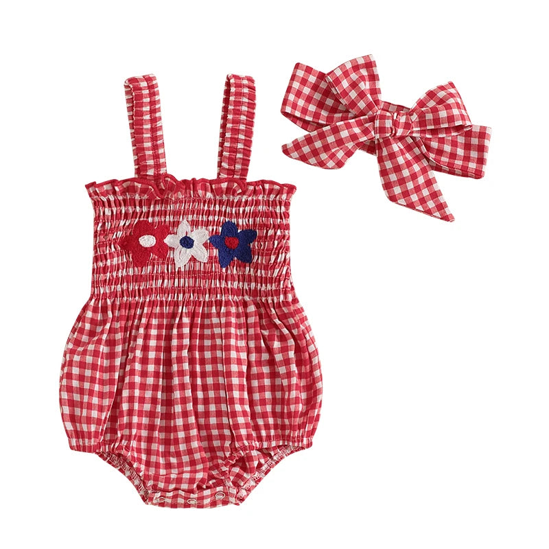 Girl's 2-Piece Embroidered July 4th Rompers & Bow Head Band Sets