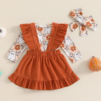 3-Piece Halloween Outfits! Girl’s Long Sleeve Ghost Rompers, Bibs, Skirt, overalls & Headband Sets