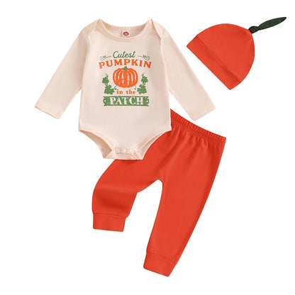 3-Piece Halloween Outfits! Girl’s Long Sleeve Pumpkin Rompers, Pants & Hat Sets