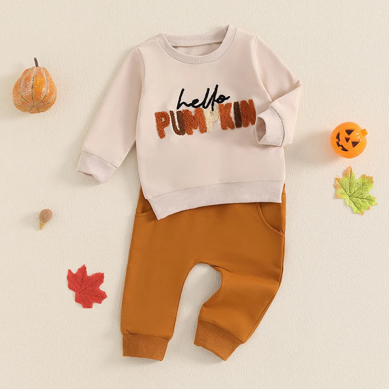 2-Piece Fall Outfits! Boy's & Girl's "Hello Pumpkin" Halloween & Thanksgiving Sweatshirt & Pants Sets