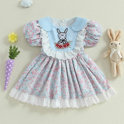 Girl's Floral Rabbit Embroidered Lace Ruffled Easter Dresses