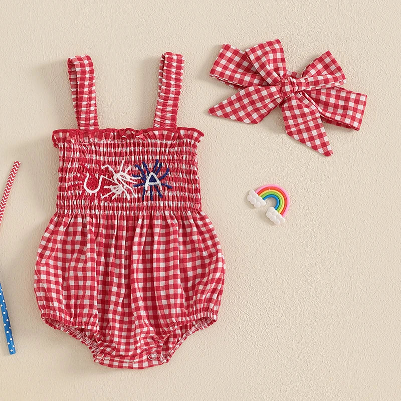 Girl's 2-Piece Embroidered July 4th Rompers & Bow Head Band Sets