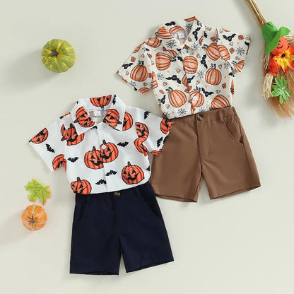 2-Piece Halloween Outfits! Boy’s Short Sleeve Pumpkin Sweatshirt & Shorts Sets