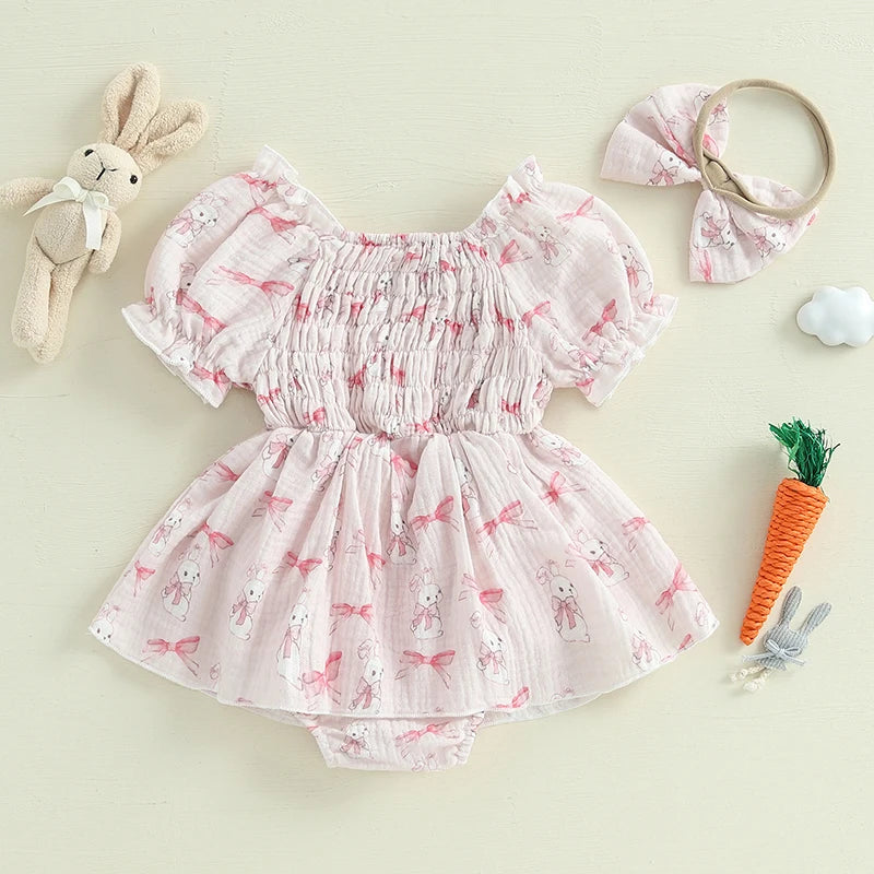 Girl's Easter Bunny Smocked Puff Sleeve Romper Dresses & Bow Headband Sets