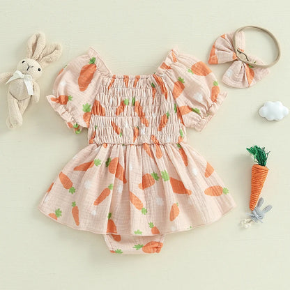 Girl's Easter Bunny Smocked Puff Sleeve Romper Dresses & Bow Headband Sets