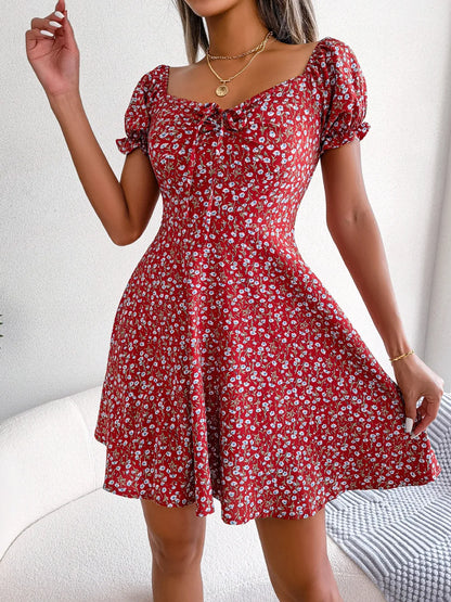 Womens Floral Print Puff Sleeve Mini Dresses