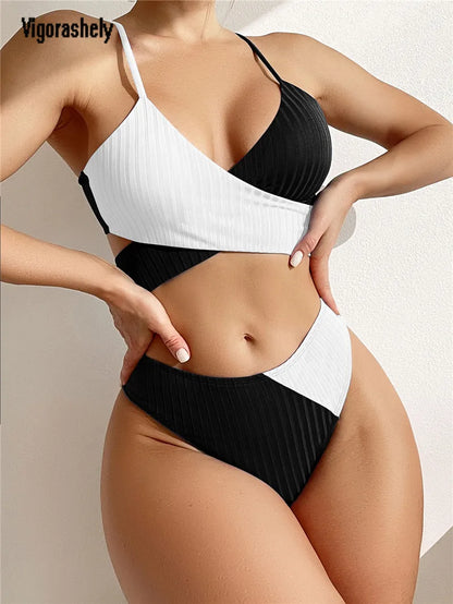 Patchwork Bikini Cross Wrap SwimwearRibbed Swimsuit Female Back Tied Solid Biquinis Bathing Suits