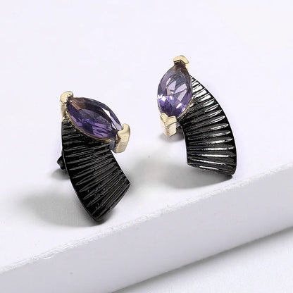 Amethyst Stud Earrings Black & Gold Style