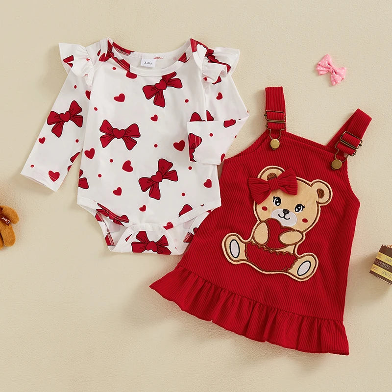 Girl's  2-Piece Bow Heart Onesie & Teddybear Corduroy Suspender Dress Sets