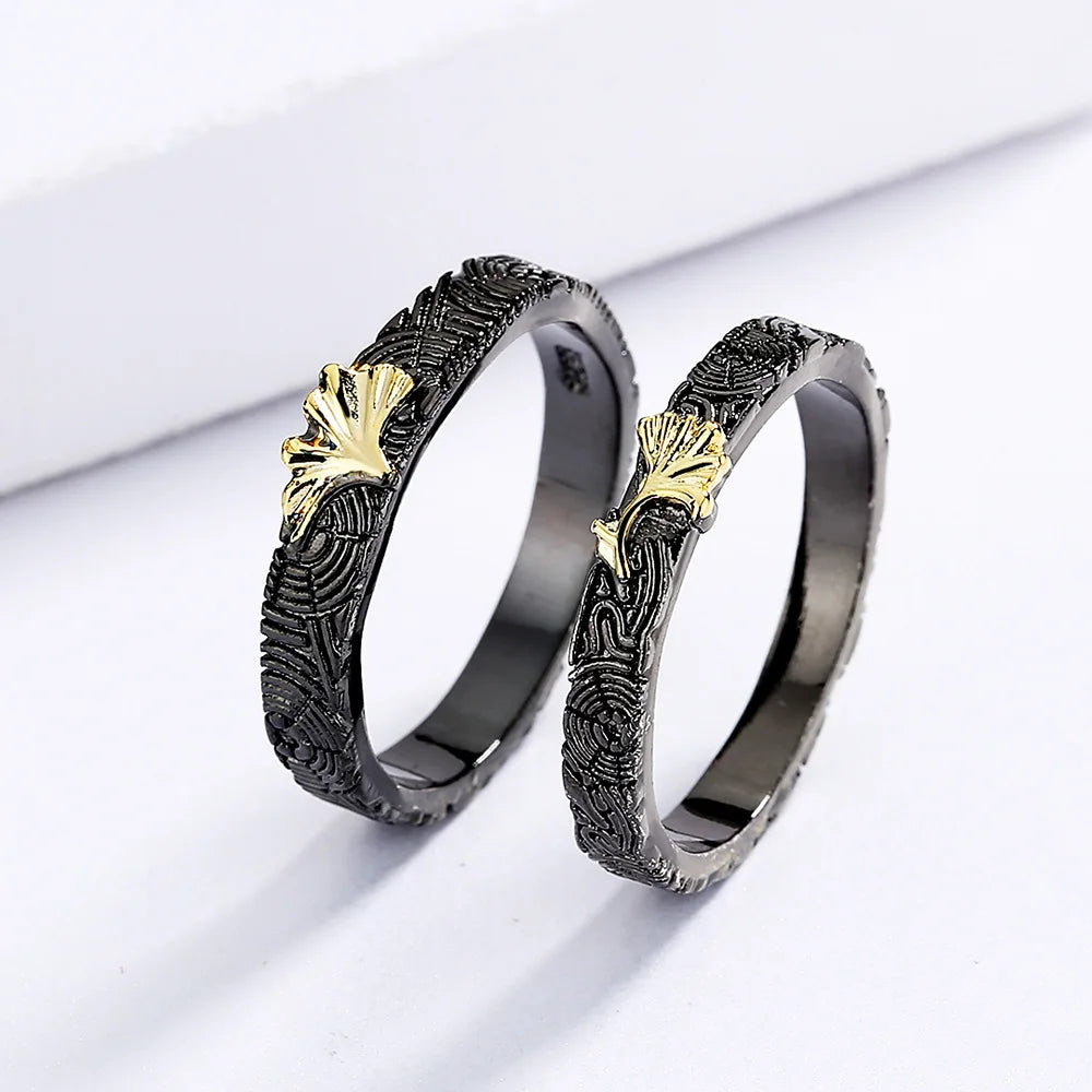 2-Piece Vintage Black & Gold Style Leaf Rings