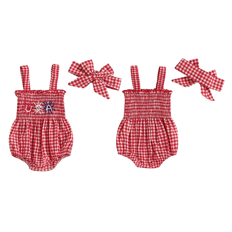 Girl's 2-Piece Embroidered July 4th Rompers & Bow Head Band Sets