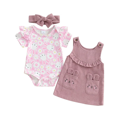 Girl's 3-Piece Easter Bunny Onesie, Headband & Suspender Dresses