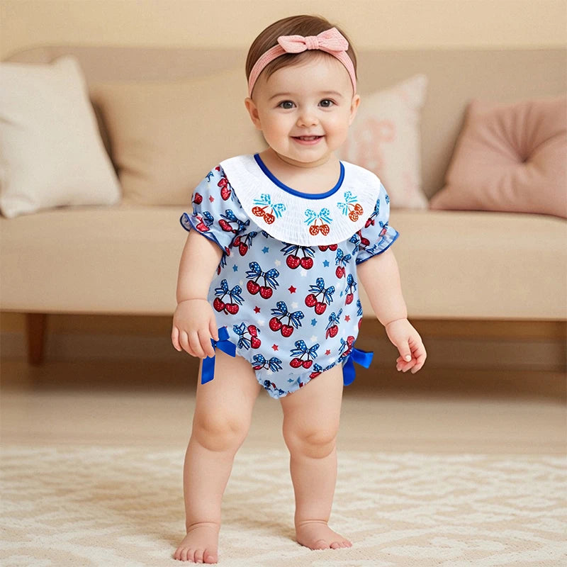 Girl's Cherry 4th of July Plaid Doll Collar Rompers