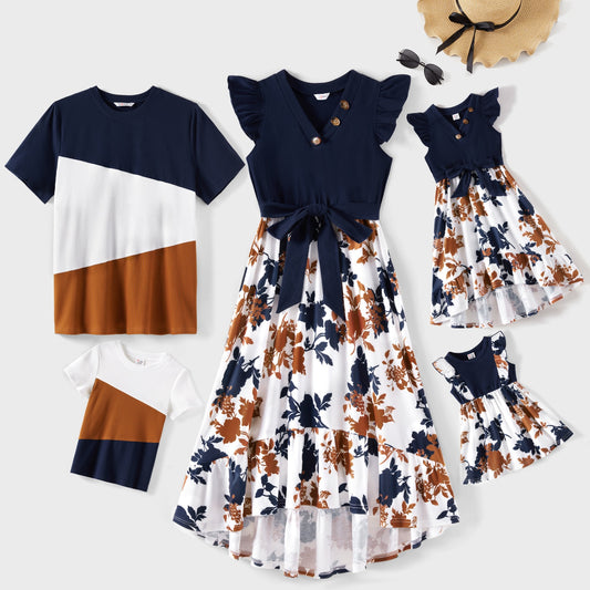 Family Matching! Ribbed T-shirts & Flutter-Sleeve Floral Dresses