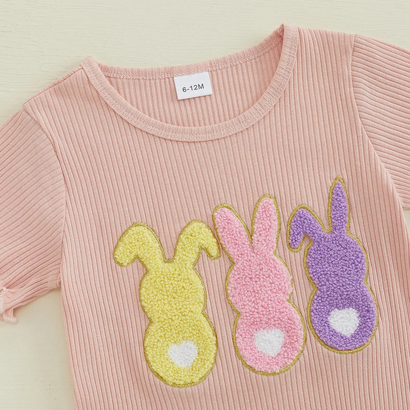 Girl's 2-Piece Embroidered Easter Bunny T-shirts & Rainbow Tulle Skirts Sets