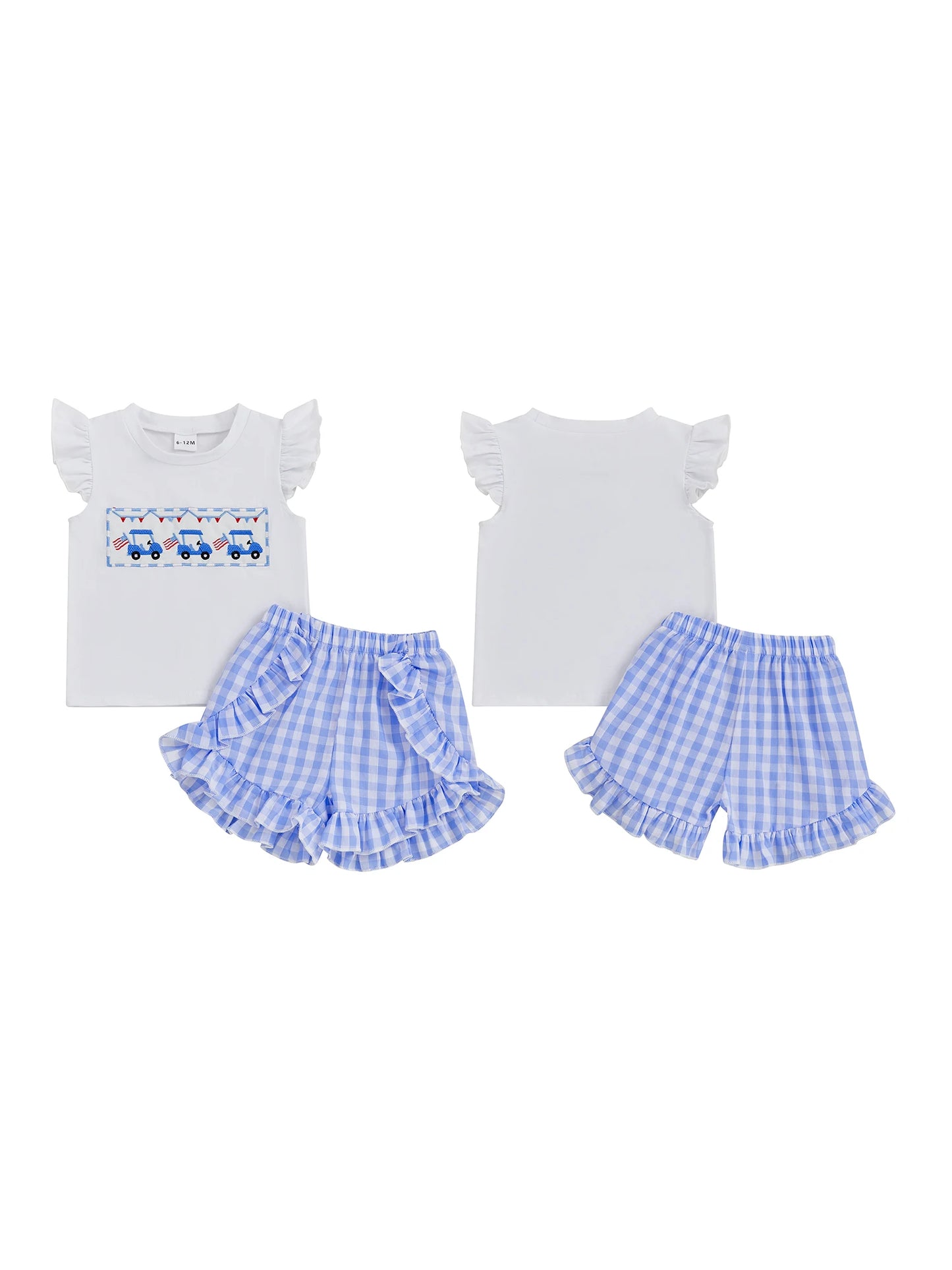 Girl's 2-Piece Embroidered 4th of July Fly Sleeve Golf Cart Top & Ruffled Plaid Shorts Sets