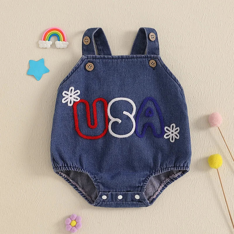 Girl's Embroidered USA 4th of July Overall Rompers