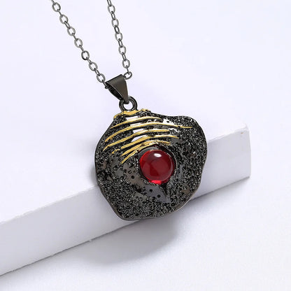 Necklace Black & Gold Style Pendant Red Gem Chain