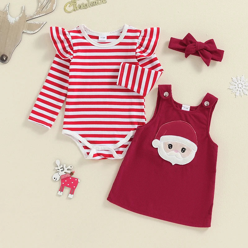 3-Piece Christmas Outfits! Girl’s Embroidered Onesies, Overall Dresses & Bow Headband Sets