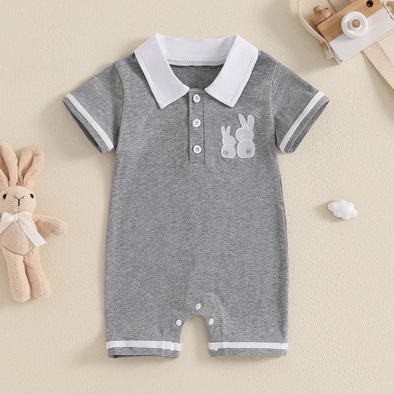 Boy's Easter Bunny Embroidered Jumpsuits with Turn-Down Collar