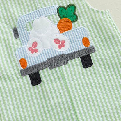 Girl's & Boy's Striped Embroidered Easter Bunny, Truck, Carrot Overall Jumpsuits