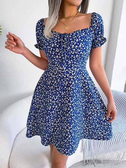 Womens Floral Print Puff Sleeve Mini Dresses