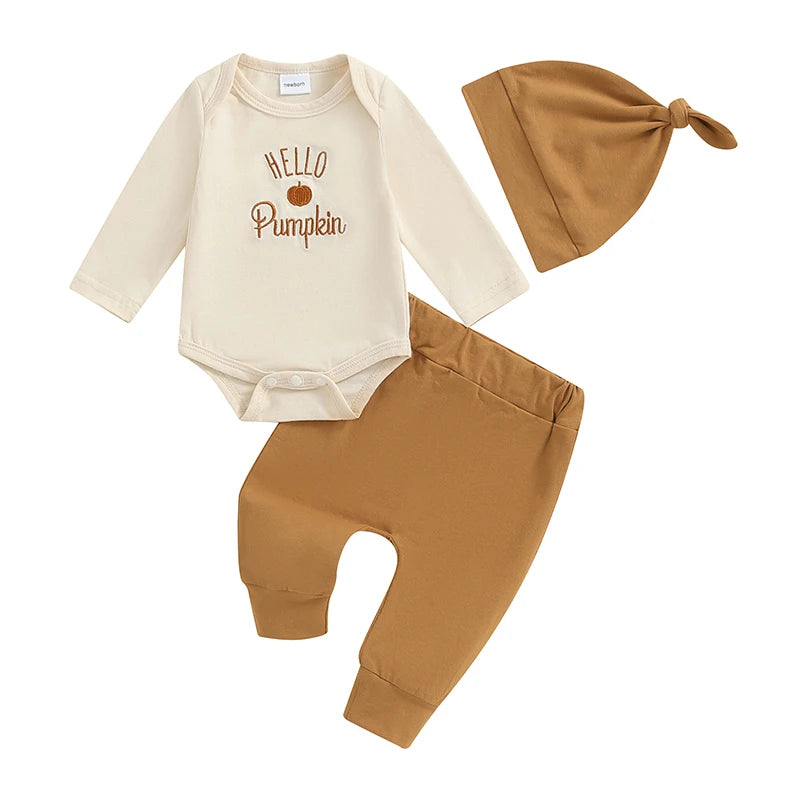 3-Piece Halloween Outfits! Boy’s Long Sleeve Embroidered Pumpkin Onesies, Pants & Hat Sets