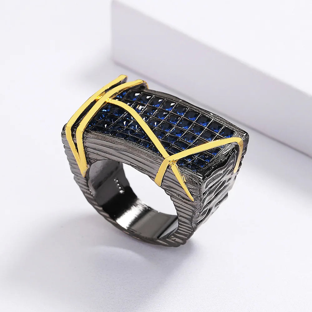 Blue Zircon Men's Black & Gold Rings