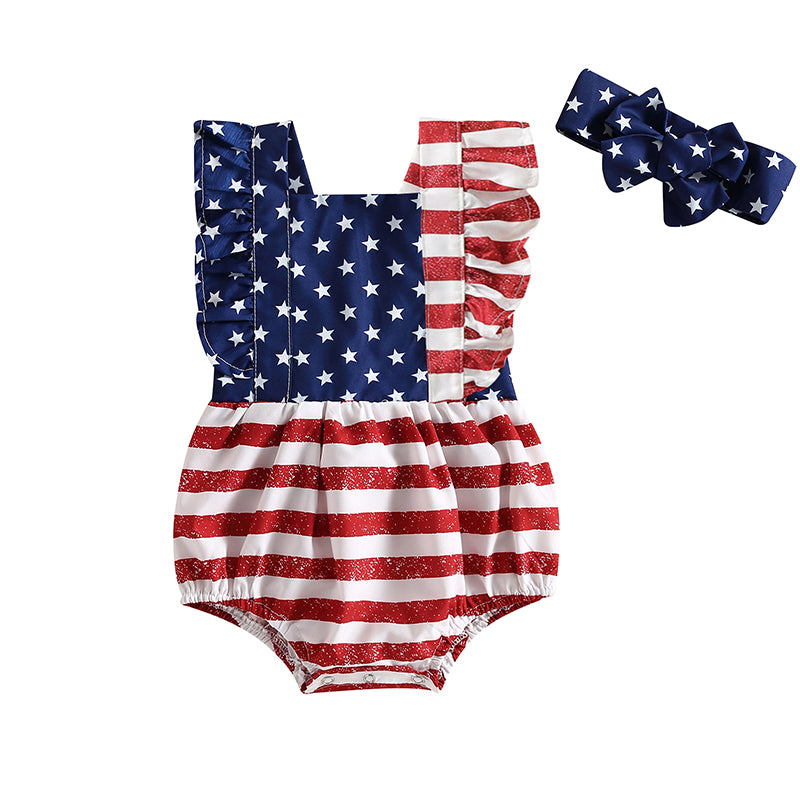Girl's 2-Piece 4th of July Rompers & Bow Head Band Sets