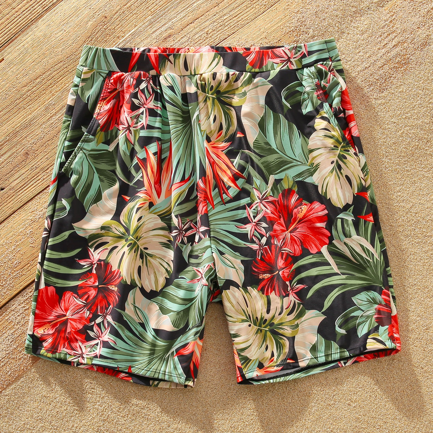 Family Matching! Floral Swim Trunks and Ruffle Belted One Piece Swimsuit