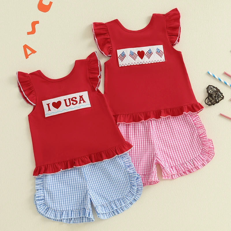 Girl's 2-Piece Embroidered 4th of July Fly Sleeve Tops & Plaid Ruffled Shorts Sets