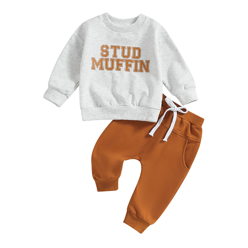 2-Piece Fall / Winter Outfits! Boy's "Stud Muffin" Letter Print Sweatshirt & Pants Sets