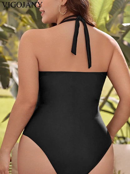 Black Tied Halter Plus SwimwearPush Up Hollow One Piece Swimsuit Backless Summer Bathing Suit