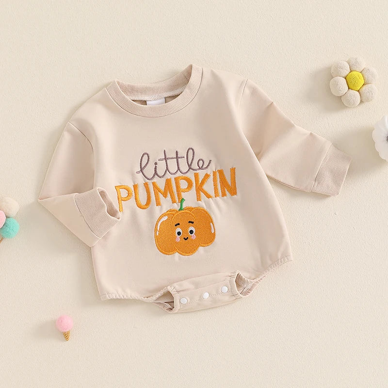 Halloween Outfits! Boy's & Girl's Embroidered "Little Pumpkin" Long Sleeve Fall Sweatshirts