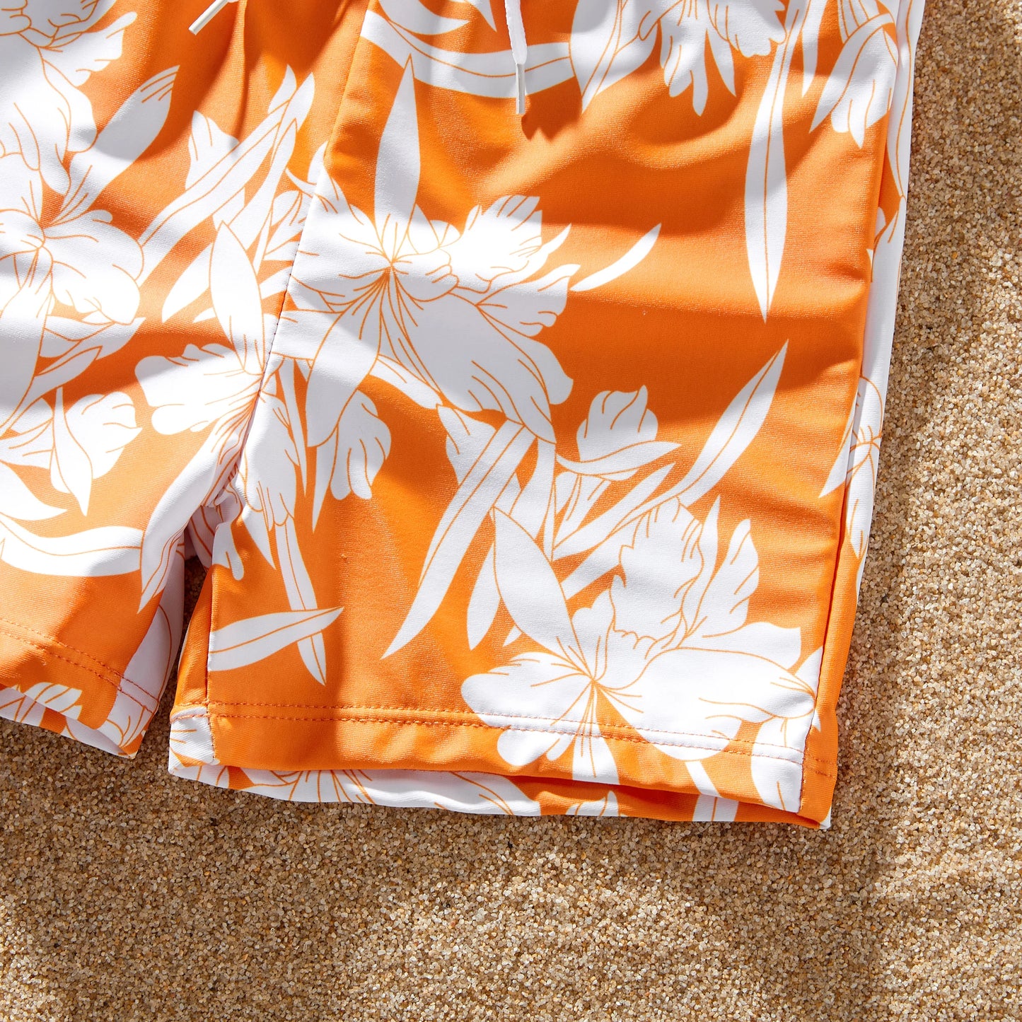 Family Matching! Orange Floral Drawstring Swim Trunks or Cross Front Drawstring Sides One-Piece Swimsuit