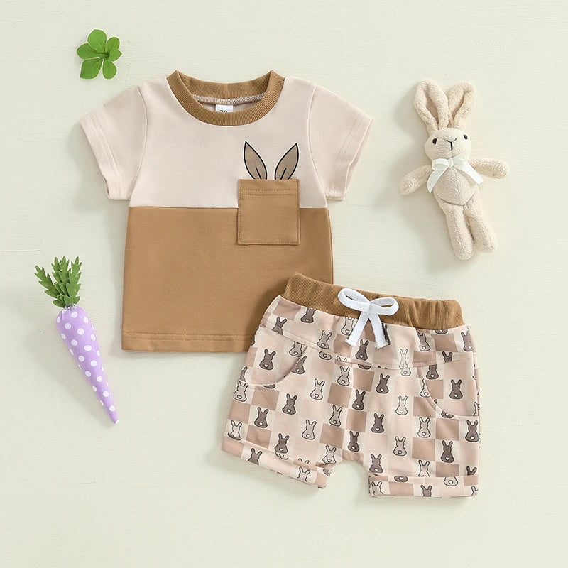 Boy's Easter Contrast Color T-Shirt & Bunny Plaid Shorts Set