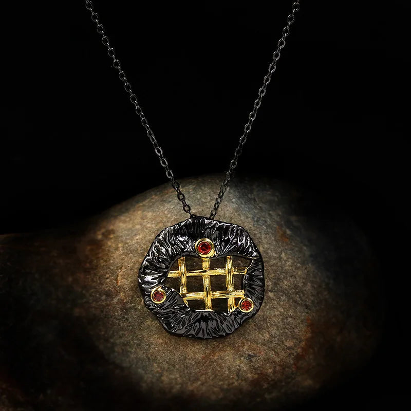 Medieval Lattice Ruby Zircon Black & Gold Series Necklace