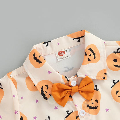 3-Piece Halloween Outfits! Boy’s Short Sleeve Ghost, Pumpkin, Onesie, Shorts & Bow-Tie Sets