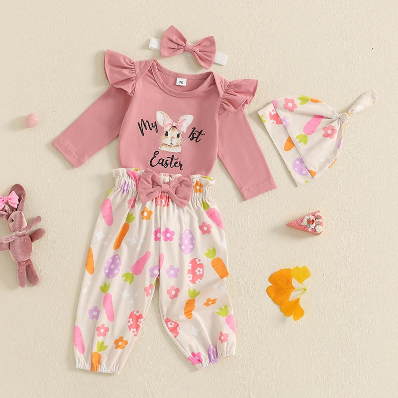 Girl's 4-Piece "My 1st Easter" Bunny Onesie, Pants, Bow Headband & Hat Sets