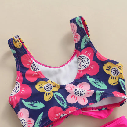 Kids Girls Swimwear Suit Letter Floral Print Front Vest Tops Shorts Clothes Set