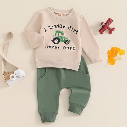 2-Piece Fall / Winter Outfits! Boy's "A Little Dirt Never Hurt" Tractor Sweatshirt & Pants Sets