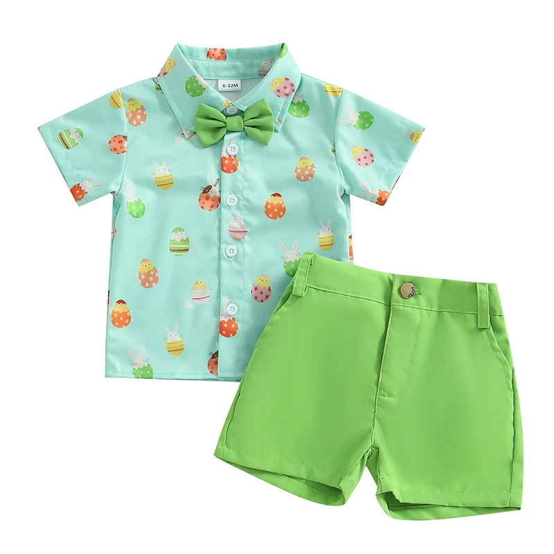 Boy's 2-Piece Easter Bunny/Egg/Carrot Bow-Tie Button Up Polos & Shorts Sets