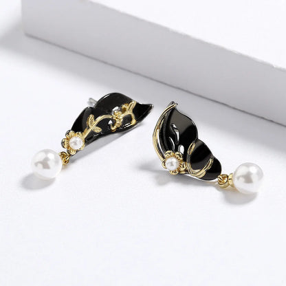 Pearl Black & Gold Style Earrings Asymmetrical Leaves Flowers & Soft